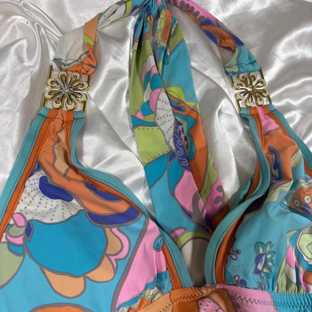 y2k Trina Turk Tankini Swimsuit Blue Psychedelic Floral Halter Set 6 - Picture 3 of 6
